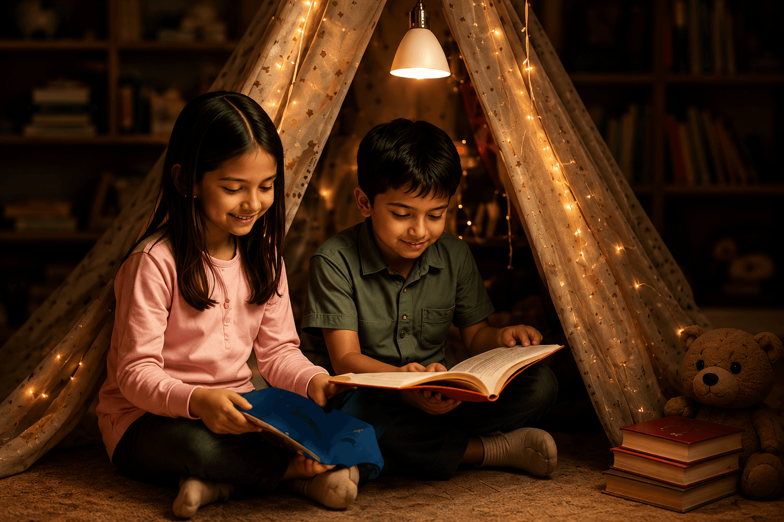 Two children reading a book together in a cosy blanket tent